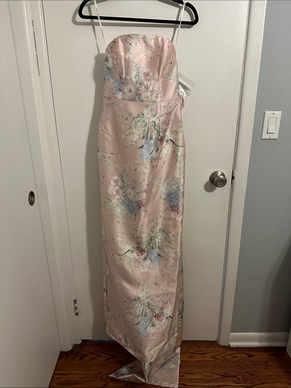 Dessy NEW Strapless Pink Floral Satin Evening Gown